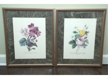 Pair Of Framed Botanical Flower Prints With Beaded Gold Tone Frames