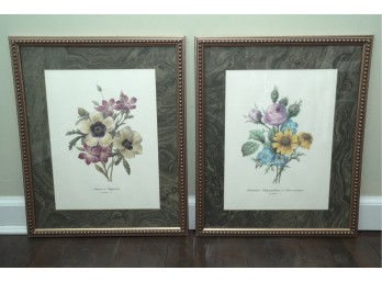 Pair Of Framed Botanical Flower Art Prints With Gold Beaded Frames