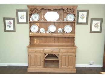 Large Two-Piece Pine Hutch With Ornate Carvings And Drawers