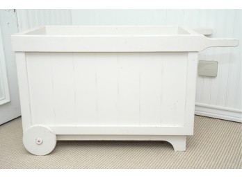 White Painted Wooden Rolling Storage Bin With Handle