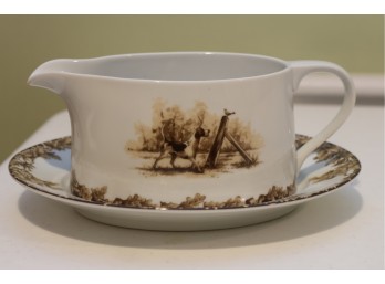 Ceramic Gravy Boat & Underplate With Hunting Dog & Scene Decor