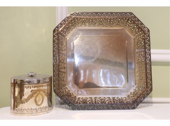 Pierced Silver-Tone Tray With Lidded Decorative Tin
