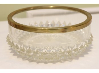 English Crystal Bowl With Brass Rim And Faceted Base