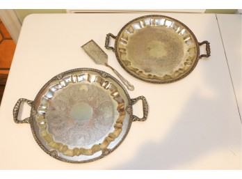 Pair Of Ornate Silver-Tone Serving Trays With Pie Server