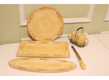 Yellow Glazed Ceramic Serving Ware And Mug Set With Wire Caddy