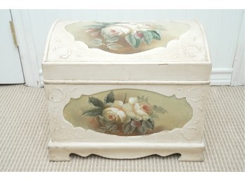 Distressed Cream Storage Trunk With Painted Rose Motif