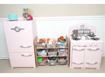 Retro Style Pink Toy Kitchen Set With Refrigerator, Appliances, Play Food & Accessories