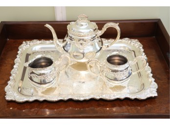 Silver-Tone Three-Piece Tea Service With Tray