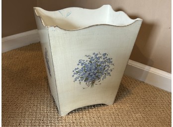 Painted Wooden Wastebasket With Blue Floral Motif