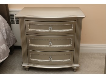 Silver Nightstand With Crystal Knobs And Beaded Trim
