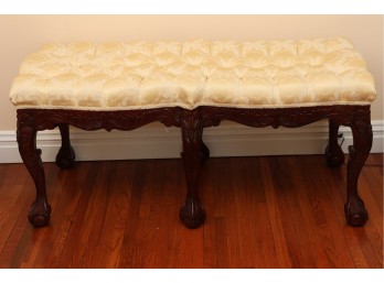 Carved Wood Tufted Upholstered Bench With Claw-and-Ball Feet