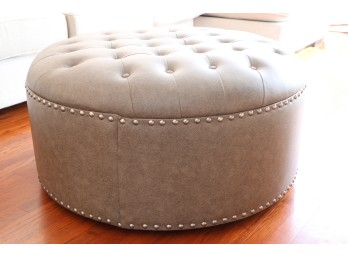 Round Tufted Ottoman With Nailhead Trim, Faux Leather (36'x36'x17')