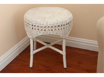 Round White Wicker Accent Table With Open Lattice Weave
