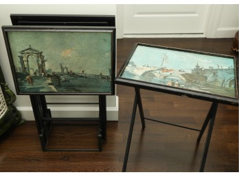 Set Of 3 Folding TV Tray Tables With Scenic Prints