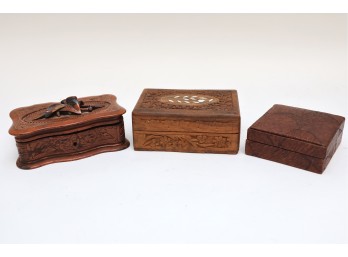 Three Decorative Wood Keepsake Boxes With Carved, Inlaid & Figural Details
