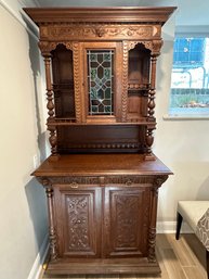 Antique French Renaissance Style Carved Wood Buffet With Stained Glass Cabinet Door