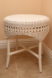 White Wicker Round Side Table With Decorative Weave