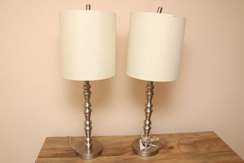 Modern Brushed Metal Table Lamps With Bobbin Stem And White Fabric Shade
