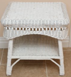 White Wicker Side Table With Lower Shelf & Beaded Trim