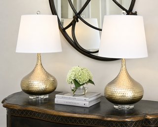 Hammered Gold Tables Lamps With White Drum Shades