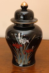 Black Ceramic Lidded Ginger Jar With Floral Iris Decoration And Gold Accents