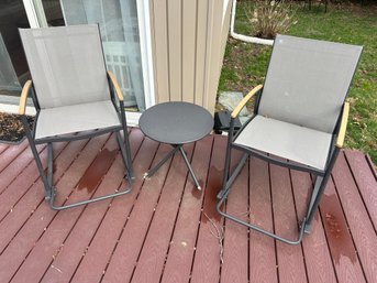 3-Piece Outdoor Bistro Set With Two Grey Mesh Chairs And Round Side Table