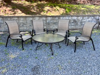 Set Of 4 Outdoor Webbed Armchairs With Hammered Glass Coffee Table