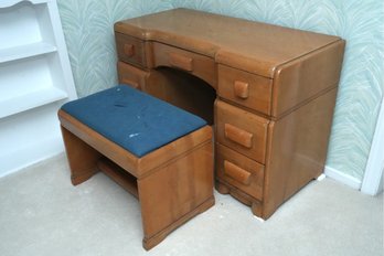 Mid-Century Style Wooden Vanity With Upholstered Bench