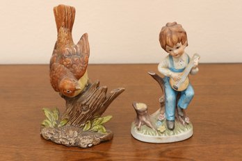 Pair Of Ceramic Figurines: Bird On Branch And Boy With Banjo