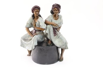 Victor Gutierrez Bronze Sculpture Of Two Seated Women, Signed & Dated 1990