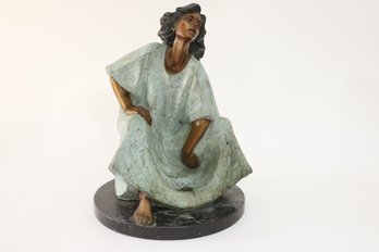 Victor Gutierrez Bronze Sculpture Of Seated Woman On Marble Base