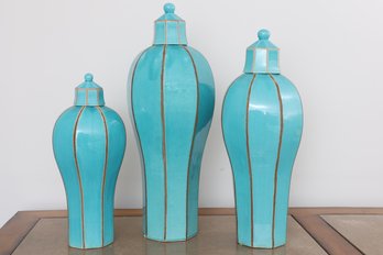Trio Of Large Deco Ceramic Jars With Lids