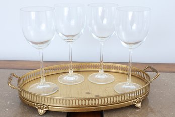 Set Of 4 Wine Glasses With Gold Serving Tray