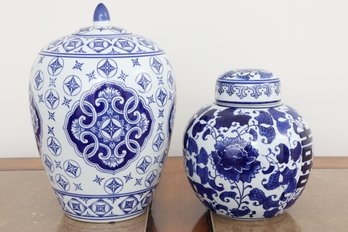 Two Blue And White Lidded Jars