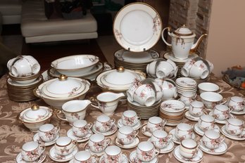 Elegant Floral Gold Trim Porcelain Dinner & Tea Set (80+ Pcs)