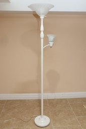 White Metal Floor Lamp With Torchiere Uplight And Frosted Glass Shades