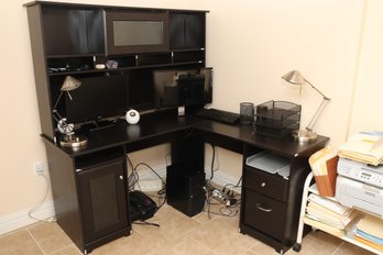 Dark Brown L-Shaped Computer Desk With Hutch And Storage