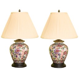 Pair Of Ceramic Floral Lamps With Pleaded Shade