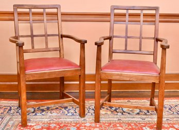 Pair Of Heals Of London Arts & Crafts Oak Lattice-Back Armchairs, 20th Century- Appraisal $5,000