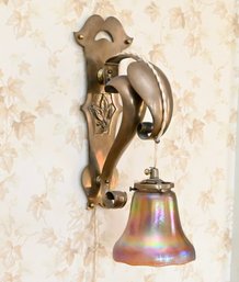 A Pair Of English Brass Wall Sconces With American Art Glass Shade
