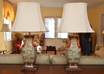 Stunning Pair Of Antique-style Porcelain Lamps With White Silk Shades