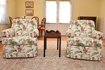 Custom Upholstered Side Chairs With Whimsical Monkey-themed Fabric