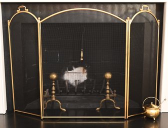 Elegant Brass Fireplace Screen With A Three-panel Folding Design And Andirons And Cape Cod Lighter