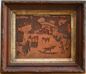 Emil Armin Carved Woodblock Village Scene Relief Panel