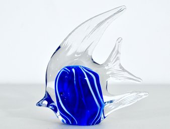 Hand-Blown Art Glass Fish Figurine  Blue & Clear Murano-Style Sculpture