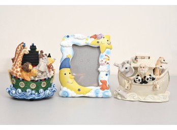 Three Adorable Children's Decor Pieces  Noahs Ark Figurines & Moon-Themed Picture Frame