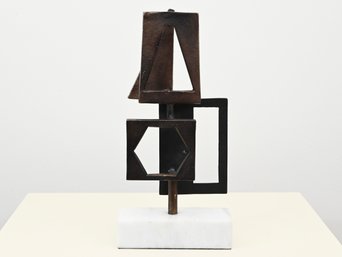 Mid-Century Modern Abstract Geometric Metal Sculpture On Marble Base