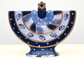 Hand-Painted Ceramic Hanukkah Menorah With Dreidel Motif