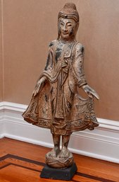 Antique-Style Carved Wood Standing Buddha Statue  Distressed Gold Finish