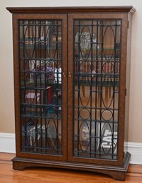 Elegant Wood & Glass Bookcase With Decorative Metal Grille Doors
